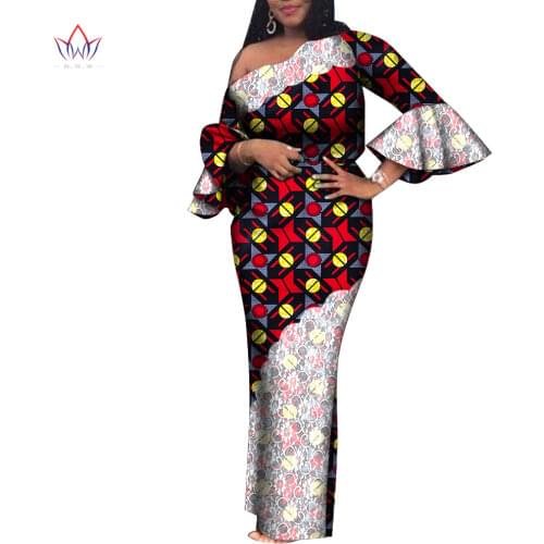 African Women Dress Bazin Riche African Clothing Wedding Party Flare Long Sleeve Africa Print Dress Bridesmaid Dress WY6675
