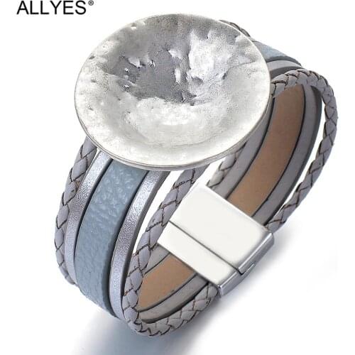 ALLYES Concave Metal Round Charm Leather Bracelets for Women Multilayer Braided Wrap Bracelet Bangle Casual Jewelry