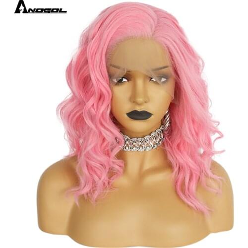 Anogol Natural Short Wave Pink Free Part High Temperature Fiber Synthetic Lace Front Hair Wigs For White Women