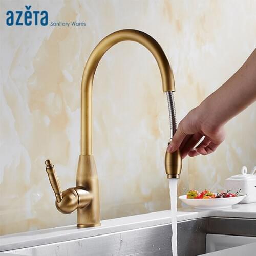 Azeta Free Shipping Pull Out Kitchen Faucet Antique Brass Classical Style Single Handle Kitchen Sink Mixer Tap MK9874A