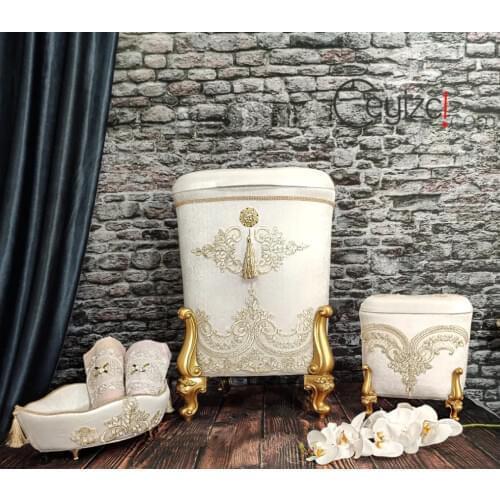 White Bathroom Chest Bathroom Basket Gold Color Embroidered