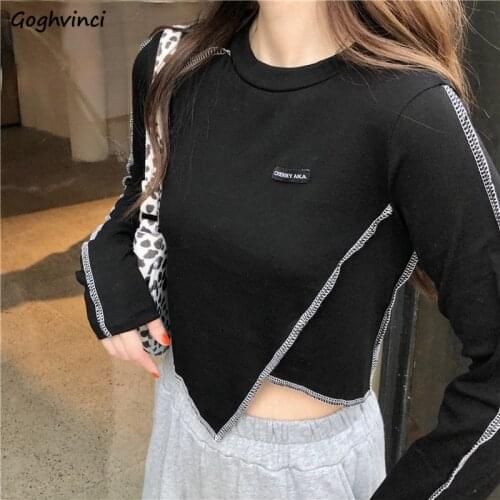 Long Sleeve T-shirts Spring Asymmetrical Patchwork Trendy Chic Leisure Bm Korean Style Crop Tops Slim Sexy All-match Teen Skinny