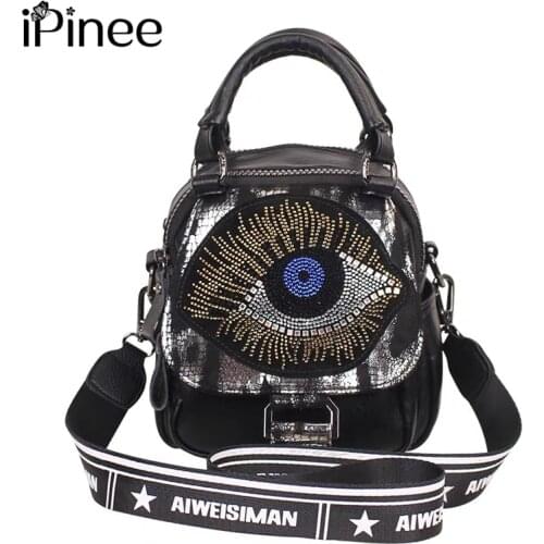 IPinee Shiny Rhinestone Big Eye Handbag Women High Quality Pu Leather Diamonds Shoulder Bag Female Soft Multi-pockets Messenger