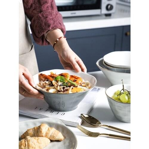Creative Ceramic 8 Inch 5.5 Inch Large Capacity Noodles Soup Bowls Gold Inlay 1000ML 500ML 2 Colors Grey Home Use Cutlery