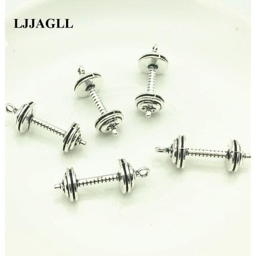 LJJAGLL 25pcs/lot Metal Silver 12*34mm Vintage Barbell Fine Dumbbell Charm Sports Fitness Pendants Jewelry Diy Making AYD004