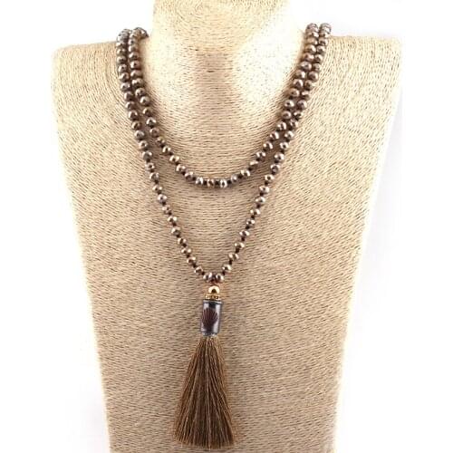 MOODPC Fashion Bohemian Tribal Artisan Jewelry Knotted long Halsband Brown Glass Crystal Metal Shell Long Tassel Necklace