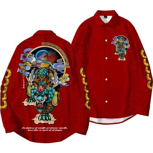 Men Blouse Shirts Tops Red Printed Long-Sleeved Loose Shirt Beach Cardigan Casual Jacket Plus Size XXS-6XL