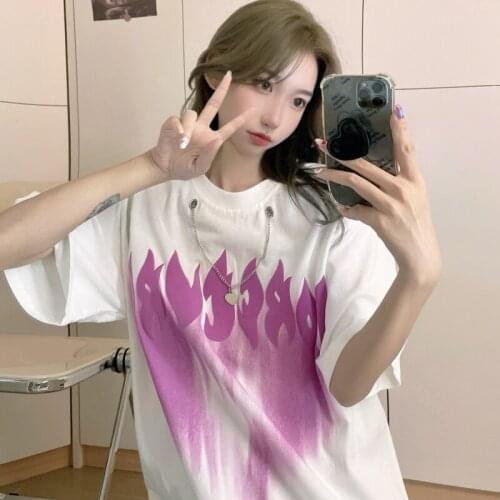 2021 new Harajuku style T-shirt female summer Korean flame printing loose short-sleeved top T-shirt tide