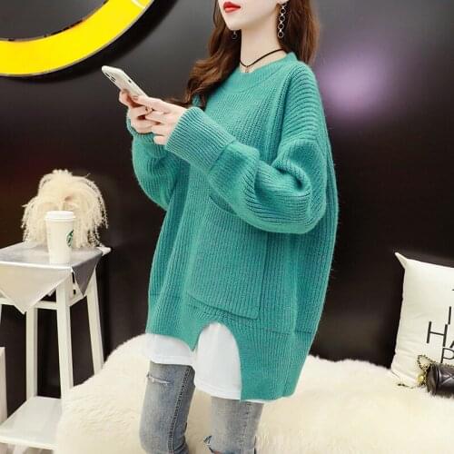 2021 New Autumn Winter Fake Two-Piece Pullover Sweater Womens Korean Fashion Loose Solid Color Retro Knitting Sweaters Female