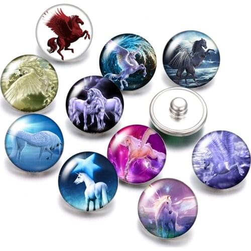New DB0372 Beauty Pegasus unicorn 10pcs mixed 18mm glass cabochon&snap buttons DIY jewelry snap necklace wholesale
