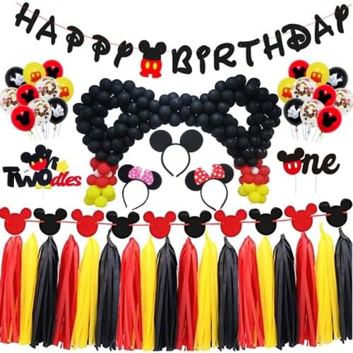 Cartoon Mickey Mouse Birthday Decorations Set Birthday Banner Balloon Package for Kids Favor Disposable Cake Decoration Supplies