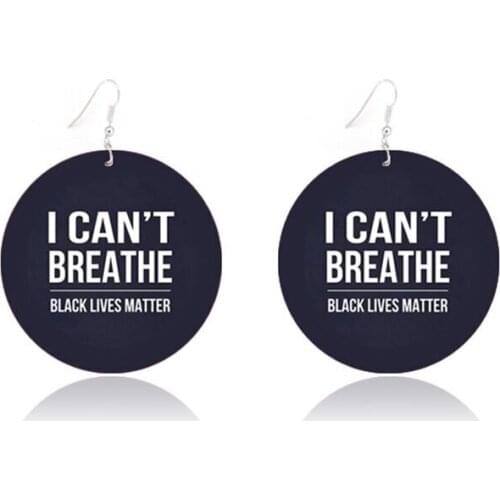 SANSHOOR Hot Sale I CAN'T BREATHE Black Drop Earrings 6cm Round African Print Wooden Earrings Black Lives Matter 1 Pair