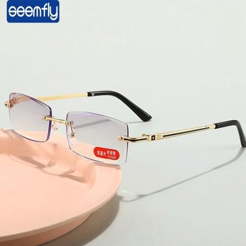 Seemfly +1.0 1.5 4.0 Frameless Reading Glasses Men Classic Square Anti Blue Presbyopic Titanium Alloy Business Far sight Eyewear