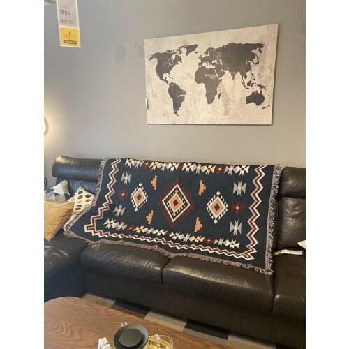 Mediterranean Embroidered Geometric Sofa Blanket Cover With Tassels Cotton Knitting Thick Persian Tablecloth Outdoor Picnic Mat