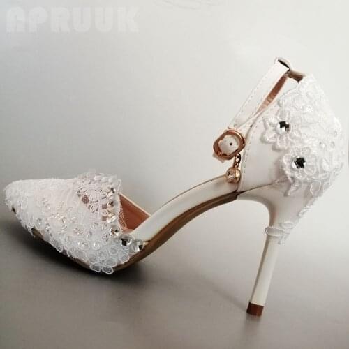 White lace bridal summer wedding pumps shoes woman ankle buckle straps sexy point toes 10cm thin heels ladies party pumps