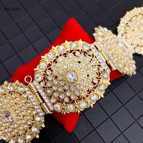 Hollow Out Gold Bridal Belt Long Chain Rhinestone Belts Moroccan Trendy Bridal Dress Sash Arabic Luxury Rhinestone Sash