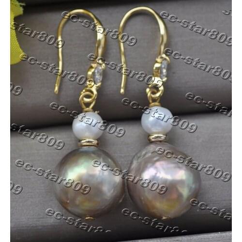 Z11181 15mm Gold-Lavender White Almost Round Edison Keshi Pearl Dangle Earring CZ Fine Women Fine Jewelry