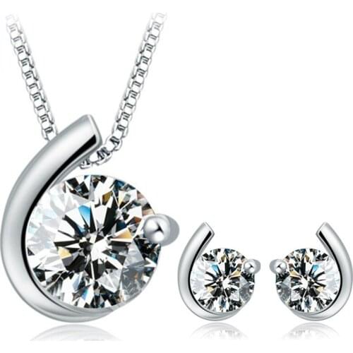 Trendy 925 Sterling Silver Jewelry Set Cubic Zircon Pendants Necklaces Stud Earring For Women Wedding Gift