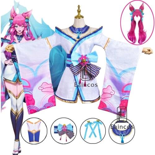 LOL Spirit Blossom Ahri Cosplay Costume Wig with Ears Headwear For Women Dress Halloween Party Costumes