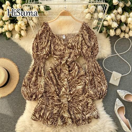 2021 spring summer new womens V collar lantern sleeve print waist ruffles chiffon A-line dress female Chic elegant dresses