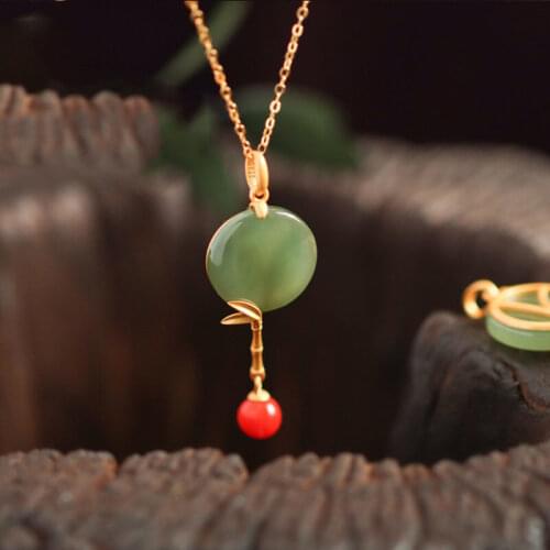 S925 Sterling Silver Gilding Inlaid Hetian Jade Gray Jade South Red Necklace Womens Ancient Style Classical Bamboo Fan-Shaped P