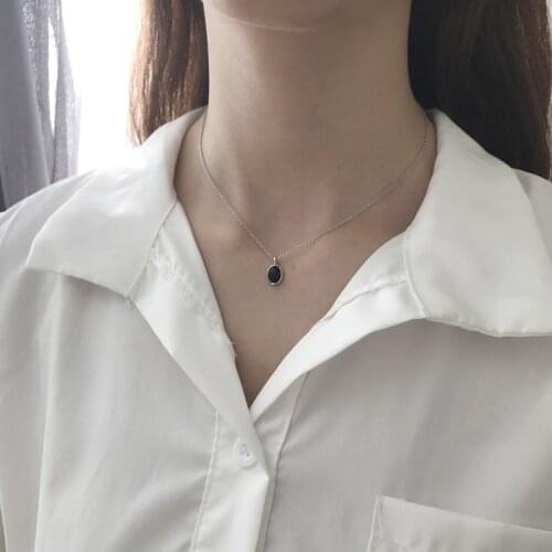 Minimalist Authentic 925 Sterling silver Black Agate Oval Shape Pendant necklace Charm FINE jewelry X129