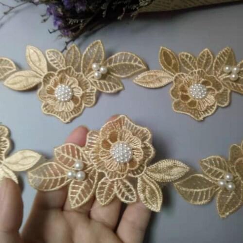 2 yards Gold Pearl Flower Leaf Handmade Beaded Embroidered Lace Edge Trim Ribbon Applique Wedding Dress Sewing Craft DIY Hot