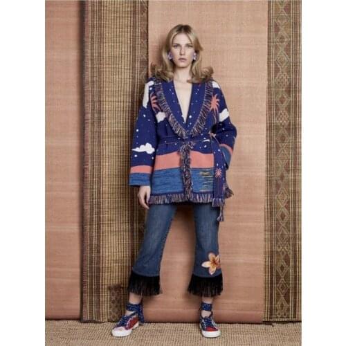 2021SS Luxury New Women Jacquard Tassel Knitted Wool Coat Female Casual Cashmere Sweater Cardigan