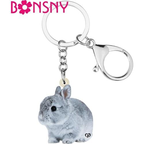 Bonsny Acrylic Gray Easter Hare Rabbit Bunny Keychains Pet Animal Keyring Jewelry For Women Kid Festival Gifts Handbag Accessory