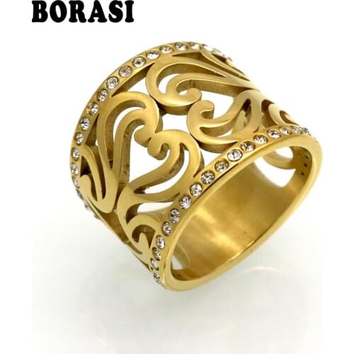 BORASI 17mm Width Brand Design Hollow Flower Rhinestone Rings 316L Stainless Steel Rings For Women Gold Color Party Jewelry