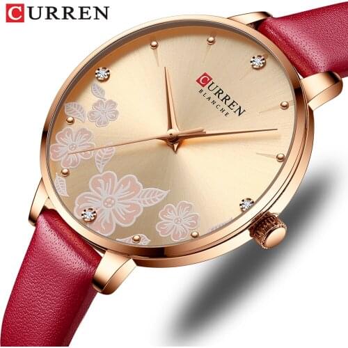 Top Brand Analog Quartz Women Watches CURREN Fashion Leather Strap Luxury Wristwatch Ladies Casual Beautiful Flower Dial Watch