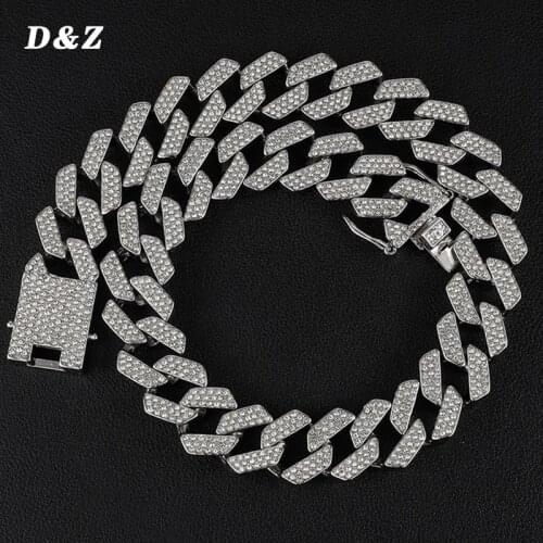 D&Z 20mm Iced Out Cuban Link Necklace Chain Hip hop Jewelry Gold Silver Color Rhinestone CZ Clasp for Mens Rapper Necklaces Li