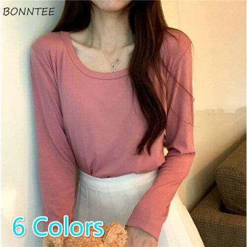 Women T-shirts Spring Autumn Basic O-neck Colorful Simple Long Sleeve Loose Korean Style Chic All-match Fashion Lady Students