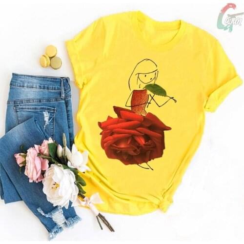 Yellow Fashion Streetwear Women T Shirt Harajuku Rose Girl Bouquet Print T-shirt Summer Sunflower Flowers Loose Casual Women Top