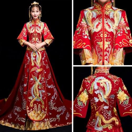 FZSLCYIYI Chinese Bride Wedding Dress Classic Phoenix Embroidery Tailing Cheongsam Marriage Suit Traditional Qipao Vestidos