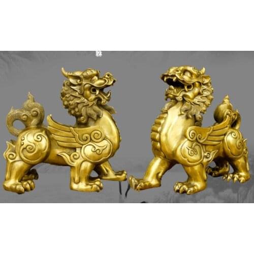 Chinese Copper Brass Feng shui Fu Foo Dog Dragon Kylin Kirin Unicorn Figurine