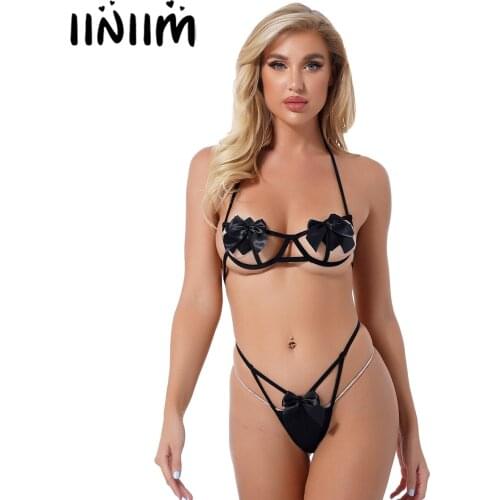 Women Exotic Lingerie Set Hollow Out Sexy Underwear Halter Lace-up Bowknot Underwire Bra Brassiere with Erotic Briefs Thongs