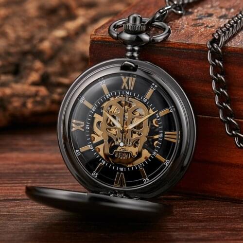 Gold Skull Mechanical Pocket Watch Steampunk Skeleton Hand-wind Flip Clock Fob Watch With Chain For Men Women Collection
