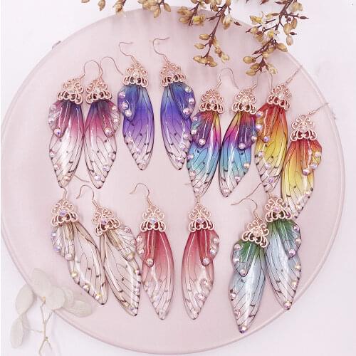 Minar Fairy Rainbow Gradient Resin Cicada Wings Drop Earrings for Women Rhinestone Sequins Butterfly Earrings Wedding Jewelry