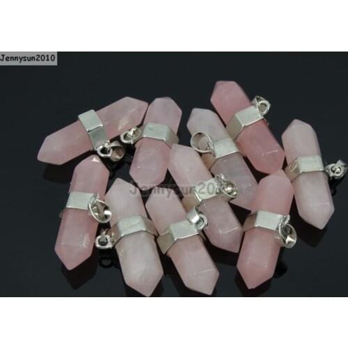Natural Rose Quart-z Gems Stones Horizontal Hexagonal Pointed Reiki Chakra Pendant Beads Necklace Jewelry 10Pcs/Pack