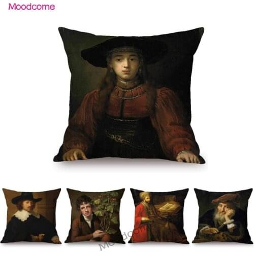 Retro European Classic Oil Painting Rembrandt Masterpiece Gallery Art Decorative Sofa Throw Pillow Case Polyetsre Cushion Cover