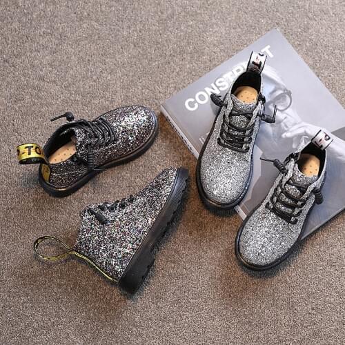 2021new British style children Martin boots girls side zipper low-cut short boots baby sequined fashion golden single boots