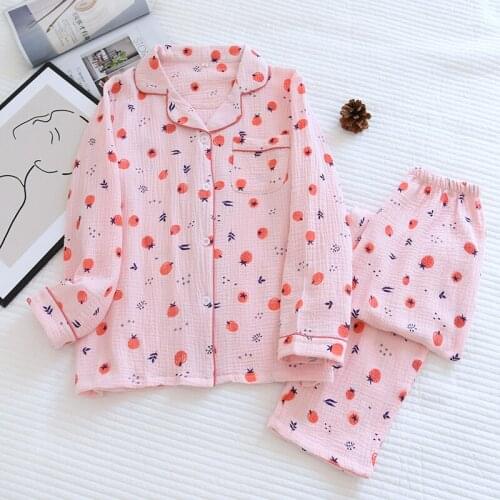 Spring/summer Pajamas Set Women Pure Cotton Crepe Soft Long Sleeve Trousers Ladies Sleepwear Fresh Tomato Loose Comfy Home Wear