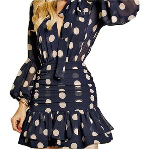 Dress female 2021 new big polka dot V-neck waist slimming folds long-sleeved spot skirt