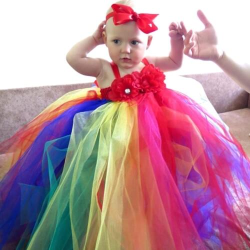 Rainbow Tutu Dress with Hair Bows for Girls Children Christmas Holiday Birthday Party Kids Wedding Dress TS093