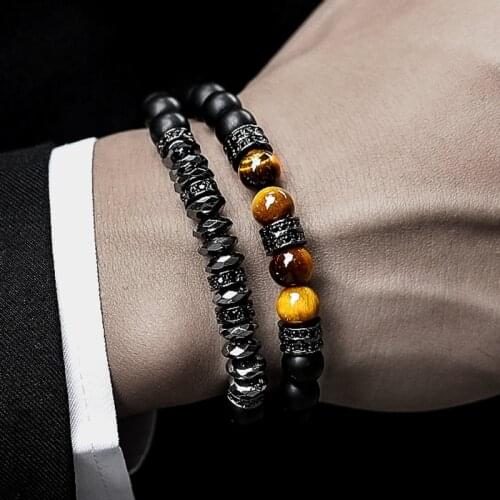 Luxurious Black Round Tube Tiger Eye Stone Men Bead Bracelet Classic 8mm Handmade Hematite Matte Men Bracelet Jewelry Gift