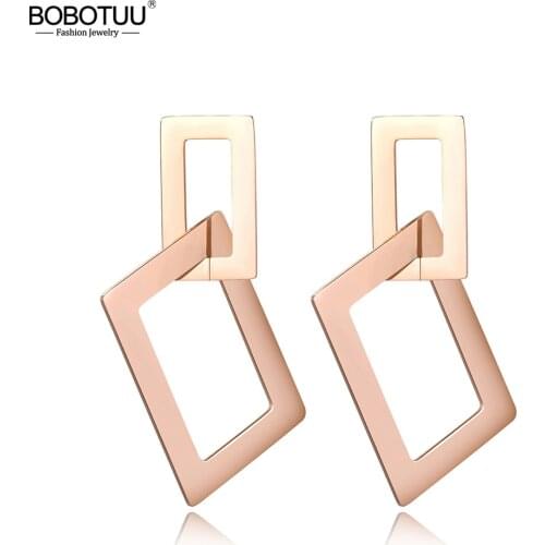 BOBOTUU Stainless Steel Jewelry Rectangular Hollow Exaggerated Rose Gold Stud Earrings Bijoux Brincos Pendientes Mujer BE18060