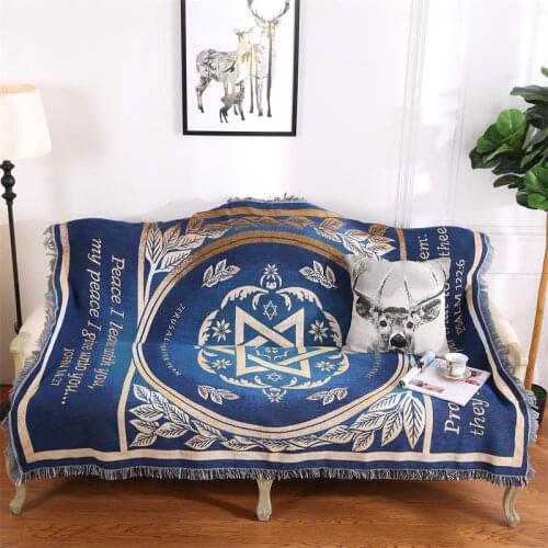 Blue Six Star Sofa Throw Blanket Knitted Chair Sofa Cover Couch Carpet Cotton Travel Cover Tapestry Beach Blanket Tassel