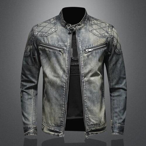 Blue Denim Mens Vintage Classic Biker Motorcycle Jacket Stand Collar Retro Slim Fit Distressed Racer Jeans Coat Drop Shipping