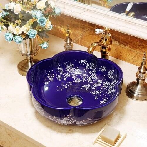 Blue and black flower shape ceramic hotel home bathroom hand wash basin sink